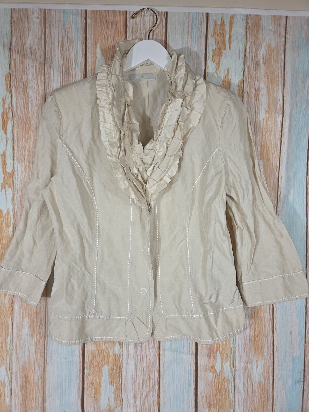 Roberta Scarpa Italy Beige Linen Blend Ruffle Collar Jacket 3/4 Bell Sleeve
